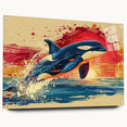 Acrylic wall art featuring a stunning marine life dolphin design, showcasing vibrant colors and intricate details, displayed in a contemporary side view with pins. Perfect for ocean-themed decor.
