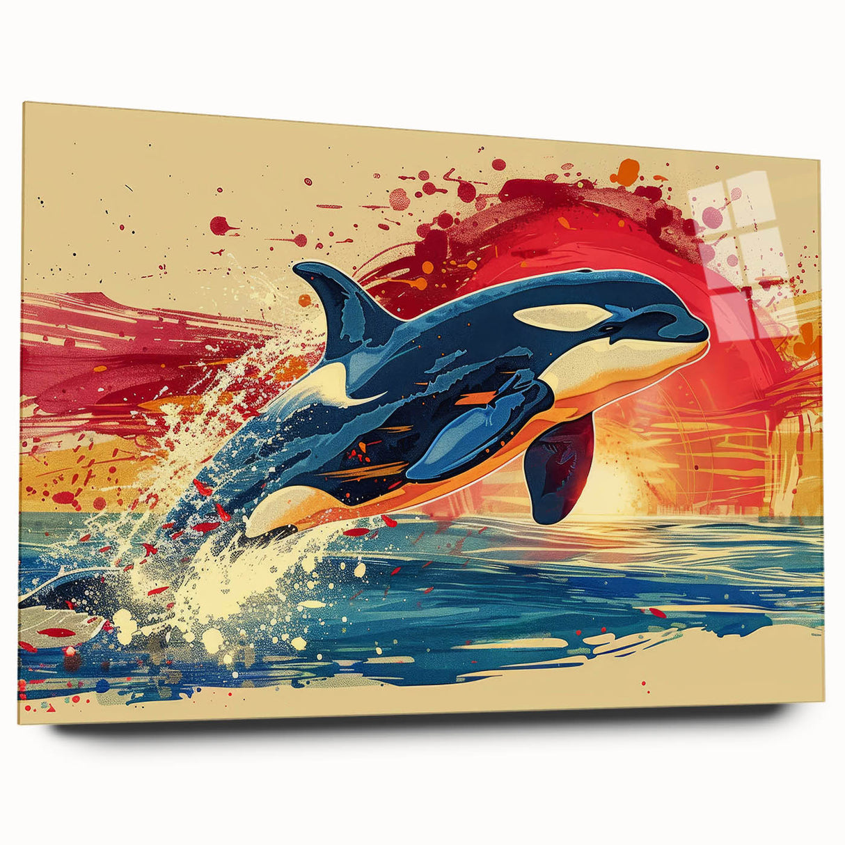 Dolphin-themed wall art showcased in a sleek acrylic glass frame, highlighting vibrant marine life colors and intricate design details, perfect for ocean lovers.