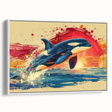 Framed canvas wall art showcasing a vibrant dolphin design in a marine life theme, set against a white background, ideal for coastal decor enthusiasts.