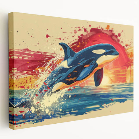 Stretched canvas wall art showcasing a vibrant dolphin design in marine life theme, featuring rich blue and green hues, ideal for ocean-inspired decor.