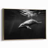 Framed canvas wall art showcasing a vibrant dolphin design in blue and gold tones, perfect for marine life enthusiasts and coastal decor, featuring a sleek side view.