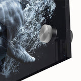 Close-up of vibrant marine life wall art featuring a dolphin design, printed on acrylic glass to enhance colors and details, ideal for ocean-themed decor.