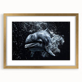 Framed wall art featuring a dolphin design on a mat, showcasing vibrant marine life colors and a sleek gold frame, perfect for ocean-themed decor.
