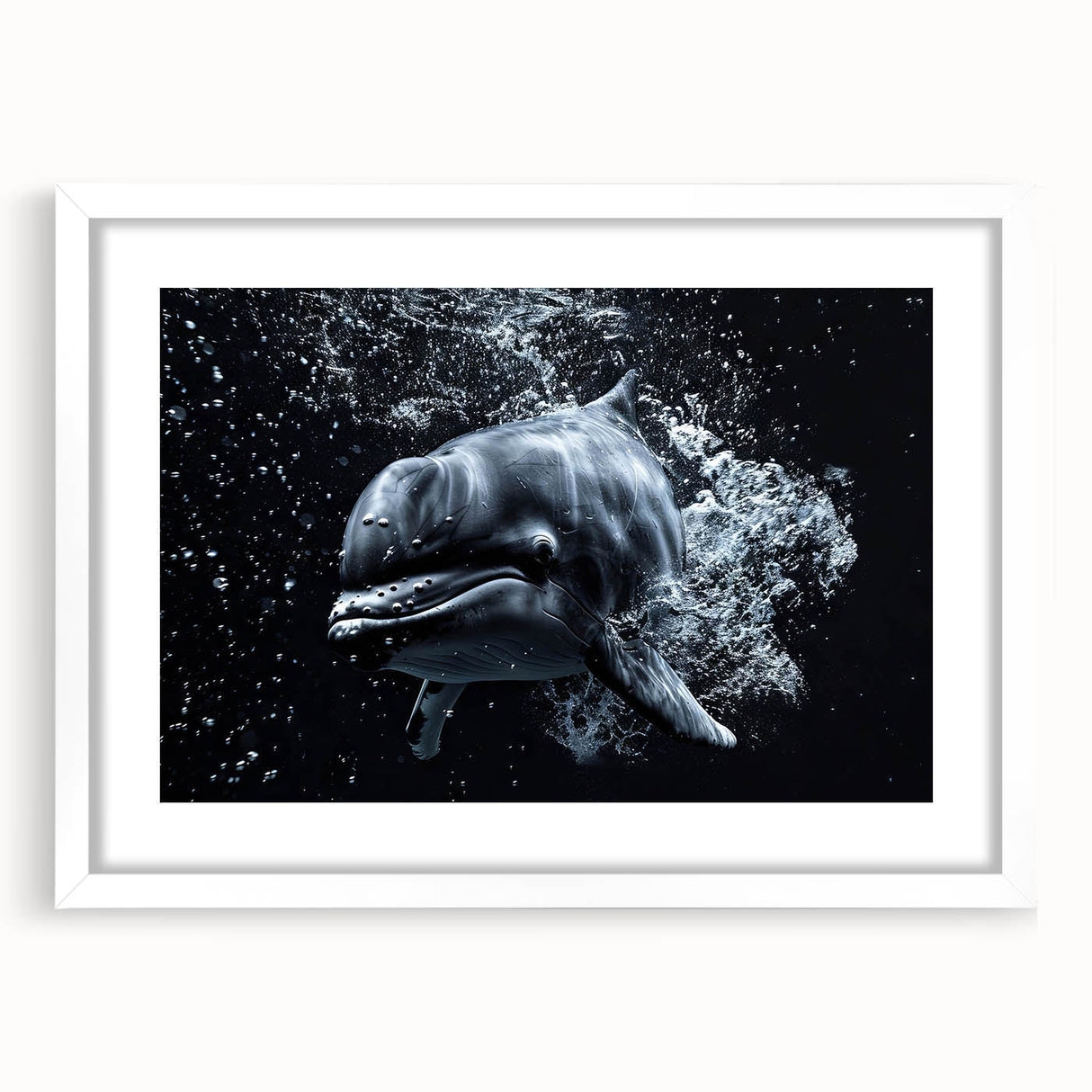 White-framed wall art collection featuring a vibrant dolphin design, perfect for marine life enthusiasts, adding a coastal touch to home decor.