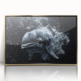 Framed acrylic wall art featuring a vibrant dolphin design in a marine life theme, with a gold border, perfect for ocean-inspired decor.