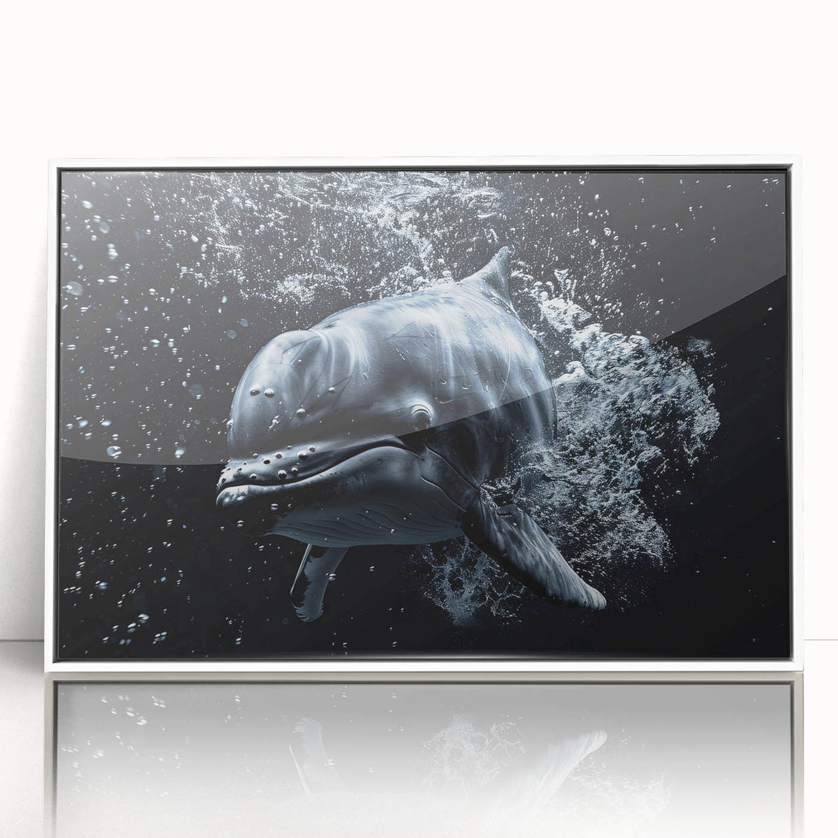 Framed wall art collection showcasing a vibrant dolphin design with marine life elements, featuring a sleek white frame, perfect for ocean-themed decor.