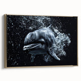 Framed canvas wall art showcasing a vibrant dolphin design in shades of blue and gold, ideal for marine-themed decor, enhancing any space's aesthetic.