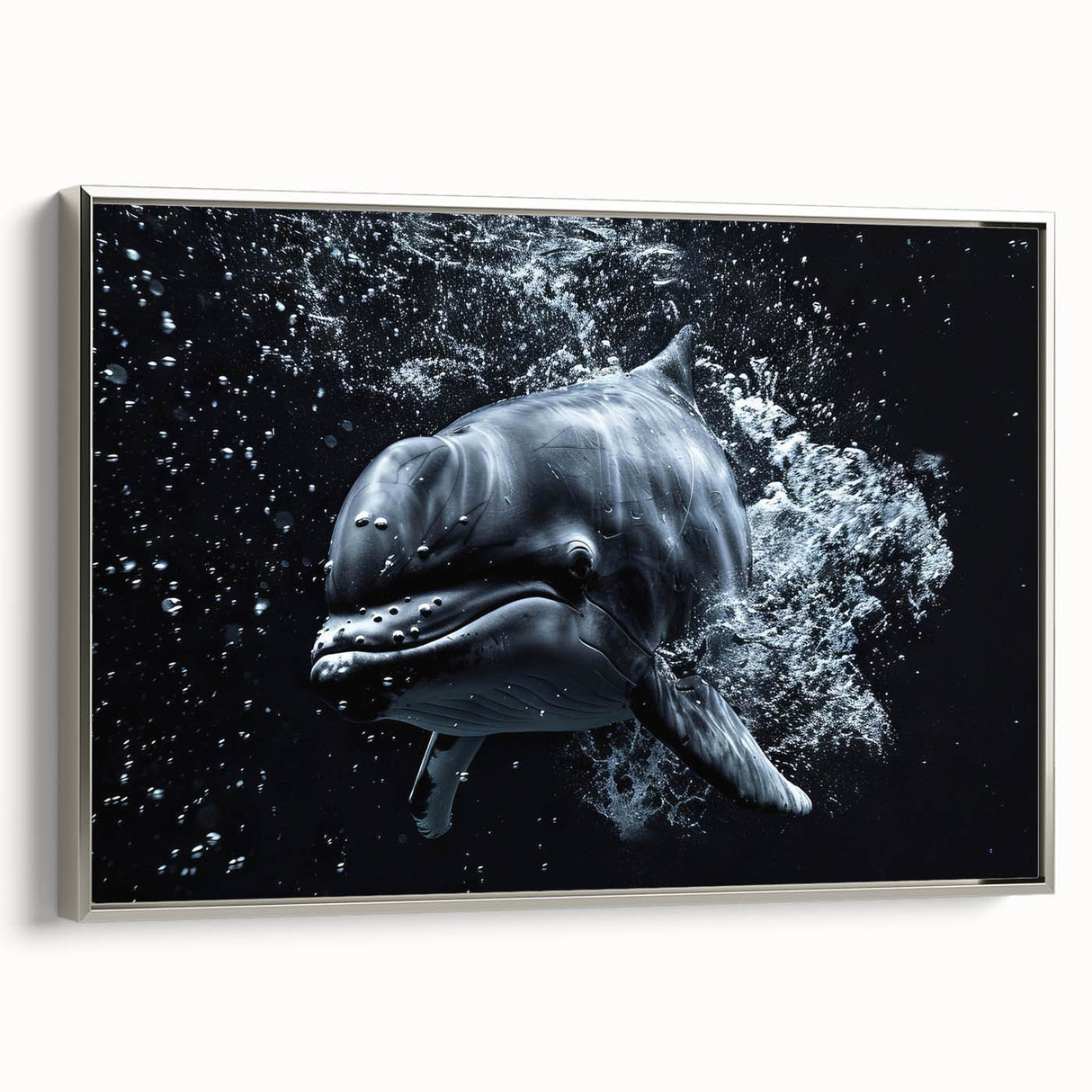 Framed wall art featuring a silver dolphin design in a sleek marine theme, perfect for coastal decor. The canvas showcases vibrant colors and intricate details, ideal for enhancing any living space or office.