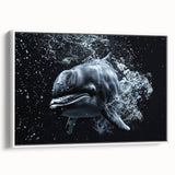 Framed wall art featuring a vibrant marine life dolphin design on canvas, showcasing intricate details and colors against a stylish white frame, ideal for ocean-themed decor.