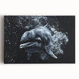 Vibrant stretched canvas wall art featuring a dynamic dolphin design, capturing marine life in stunning detail with shades of blue and green, perfect for ocean-themed decor.