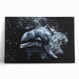 Vibrant stretched canvas wall art depicting a playful dolphin design, showcasing vivid blues and greens, perfect for marine-themed decor in living spaces.