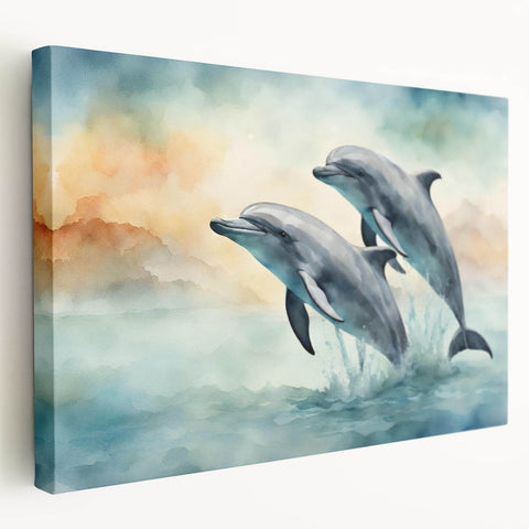 Stretched canvas wall art showcasing a vibrant dolphin design, featuring rich blues and greens, perfect for marine-themed decor in homes or offices.