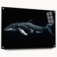 Vibrant marine life wall art collection showcasing a dolphin design on acrylic glass, displayed from a side view with decorative pins, perfect for ocean-themed decor.