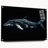 Vibrant marine life wall art collection showcasing a dolphin design on acrylic glass, displayed from a side view with decorative pins, perfect for ocean-themed decor.