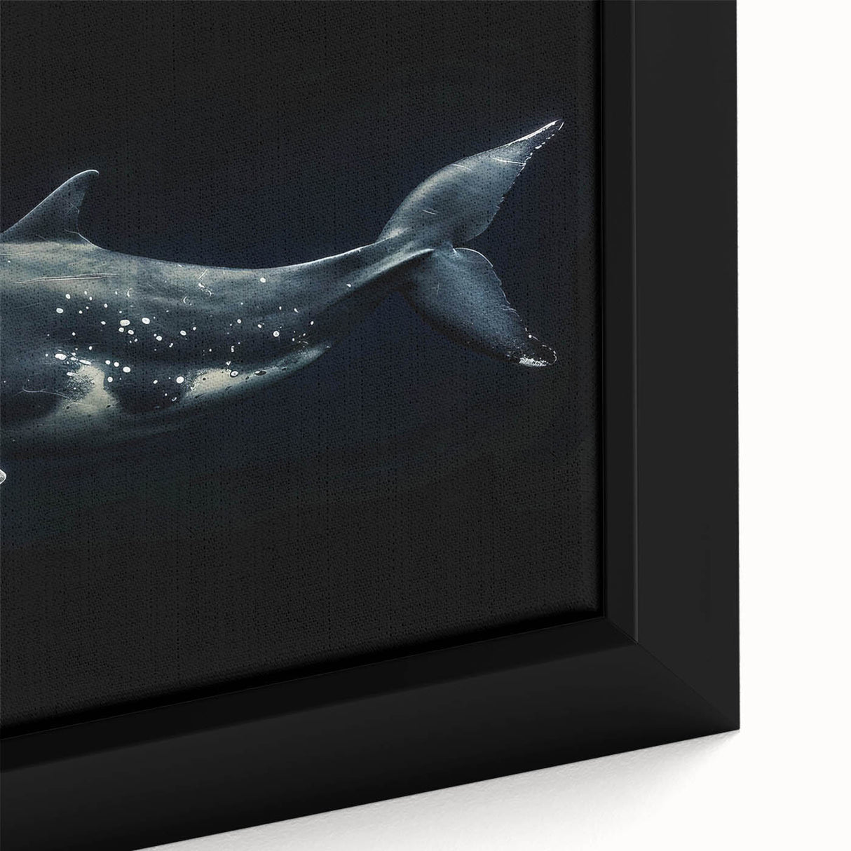 Close-up of a framed canvas wall art featuring a vibrant dolphin design, showcasing intricate marine life details and vivid colors against a calming background. Ideal for ocean-themed decor.