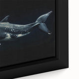 Close-up of a framed canvas wall art featuring a vibrant dolphin design, showcasing intricate marine life details and vivid colors against a calming background. Ideal for ocean-themed decor.