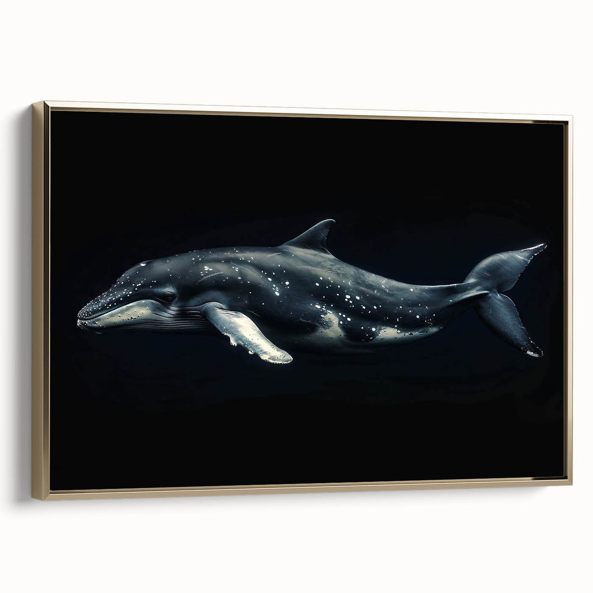 Framed canvas wall art showcasing a vibrant dolphin design, elegantly presented with a gold frame, perfect for marine life enthusiasts and coastal decor.