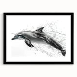 Framed marine life wall art collection featuring a dolphin design with a black mat, ideal for coastal-themed decor, adding a touch of ocean elegance to any room.