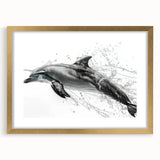 Framed wall art featuring a stylish dolphin design with a gold mat, perfect for marine life enthusiasts. Ideal for adding elegance to coastal-themed decor.