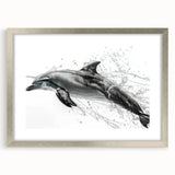 Framed wall art collection showcasing a sleek silver mat with a dolphin design, perfect for marine-themed decor, enhancing any living space with elegance.