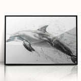 Framed acrylic wall art featuring a vibrant dolphin design, showcasing marine life in shades of blue and black, perfect for ocean-themed decor.
