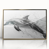 Framed wall art featuring a vibrant dolphin design in a marine life theme, showcasing gold accents and a sleek acrylic finish, perfect for ocean lovers.