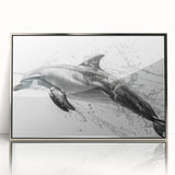 Framed acrylic wall art featuring a dolphin design in vibrant colors, showcasing marine life with a sleek silver frame, perfect for ocean-themed décor.