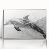 Framed dolphin wall art collection showcasing vibrant marine life design with white borders, perfect for coastal decor, adding a serene oceanic touch to any room.