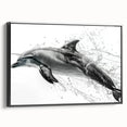 Framed canvas wall art showcasing a vibrant dolphin design with marine life elements, set against a black background, ideal for ocean-themed decor.