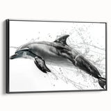 Framed canvas wall art showcasing a vibrant dolphin design with marine life elements, set against a black background, ideal for ocean-themed decor.