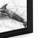 Close-up view of a framed canvas wall art featuring a vibrant dolphin design, showcasing intricate details and colors, perfect for marine life enthusiasts and home decor.