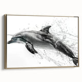 Framed canvas wall art featuring a vibrant dolphin design with gold accents, showcasing marine life in a dynamic side view, perfect for ocean-themed decor.