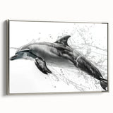 Framed canvas wall art showcasing a silver side view design of a dolphin, highlighting its graceful curves and vibrant ocean colors, perfect for marine life enthusiasts.