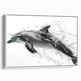 Framed canvas wall art showcasing a vibrant dolphin design in a marine life theme, displayed against a white background, perfect for ocean lovers and home decor enthusiasts.