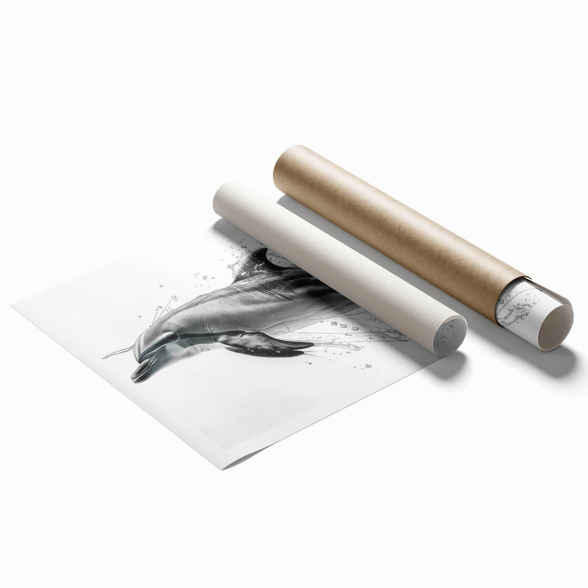 Colorful dolphin wall art print showcasing a vibrant marine life design, rolled for easy display and shipping. Perfect for ocean-themed decor enthusiasts.