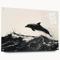 Wall art collection showcasing a dolphin design in vibrant colors, crafted from acrylic glass with a sleek side view, accentuated by decorative pins for added elegance. Perfect for marine life enthusiasts and modern decor.