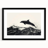 Framed wall art featuring a marine life dolphin design in vibrant colors, set in a sleek black frame with a mat for an elegant display, perfect for ocean-themed decor.