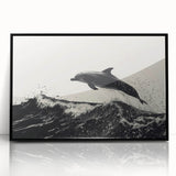 Framed acrylic wall art showcasing an elegant dolphin design, featuring a sleek black frame and vibrant colors, ideal for marine life enthusiasts and home decor.