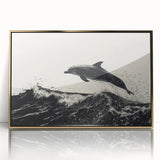 Framed acrylic wall art featuring a vibrant dolphin design in shades of blue and gold, showcasing marine life. Ideal for ocean-themed decor and contemporary settings.