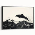Framed wall art featuring a striking dolphin design against a black background, showcasing vibrant colors and intricate details, perfect for marine life enthusiasts.