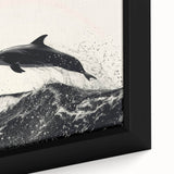 Close-up of a framed canvas wall art piece showcasing a vibrant dolphin design surrounded by marine life, featuring rich blues and greens, perfect for ocean-themed decor.