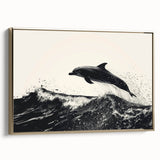 Framed wall art collection showcasing a vibrant dolphin design in marine life theme, featuring gold accents and a sleek side view, perfect for coastal decor.