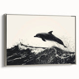 Framed canvas wall art showcasing a sleek, silver dolphin design, elegantly displayed from the side, ideal for marine life enthusiasts and modern decor.