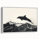 Framed canvas wall art showcasing a vibrant dolphin design, featuring shades of blue and white, perfect for marine life enthusiasts and coastal decor.
