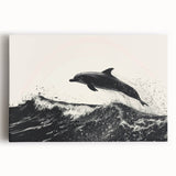 Stretched canvas wall art showcasing a vibrant dolphin design, featuring shades of blue and green, ideal for marine-themed decor or ocean lovers.