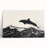 Stretched canvas wall art depicting a vibrant dolphin design, showcasing vivid blues and greens, perfect for marine-themed decor in living spaces or coastal settings.