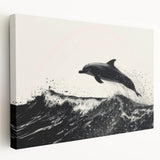 Stretched canvas wall art depicting a vibrant dolphin design in a marine life theme. The artwork showcases intricate details and vivid colors, ideal for ocean lovers.