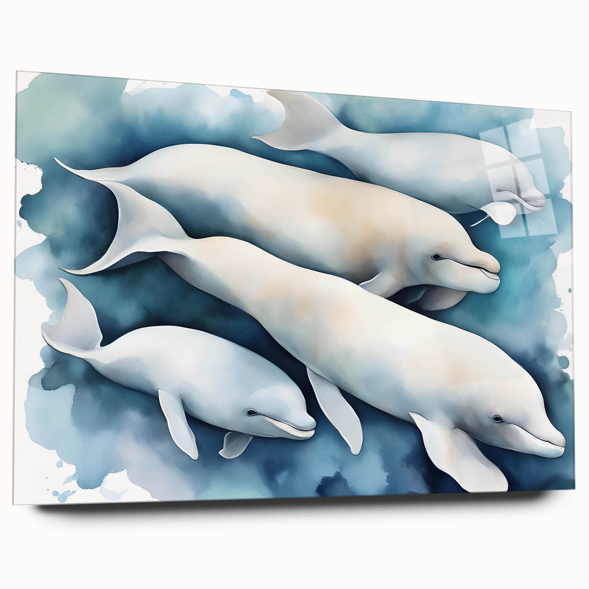 Colorful acrylic glass wall art featuring a marine life dolphin design, showcasing a side view of the artwork without pins, ideal for ocean-themed decor.