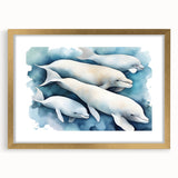 Wall art collection featuring a dolphin design in a gold frame with a mat, showcasing vibrant marine life colors, ideal for ocean-themed decor in homes or offices.
