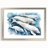 Framed wall art collection showcasing a dolphin design with a silver frame and mat, perfect for marine life enthusiasts. Ideal for ocean-themed decor.